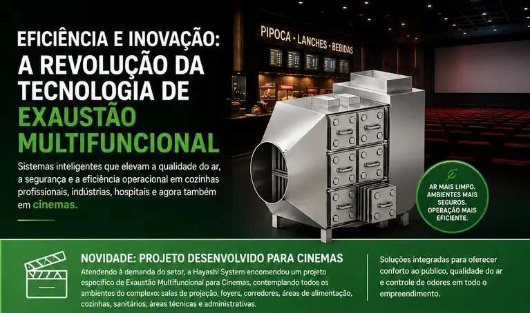 Leia mais sobre o artigo EXAUSTÃO MULTIFUNCIONAL, HAYASHI tecnologia fazem sucesso na rede de cinema, sem rede Duto de saída de Exaustão, sem odores, com funções de insuflação de Vapor